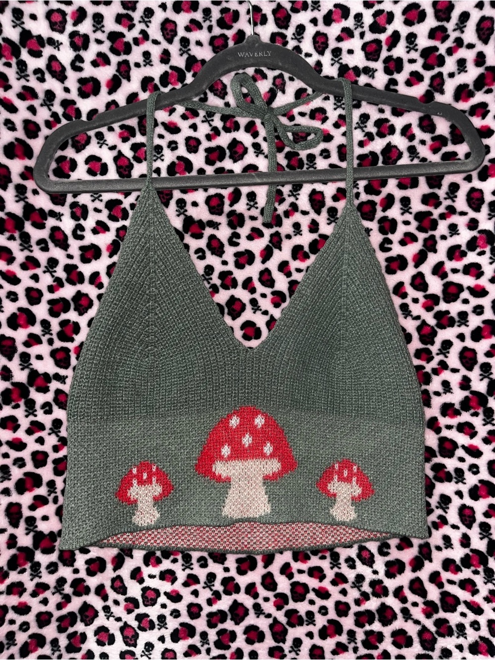 women’s Green Mushroom Knit Halter Top